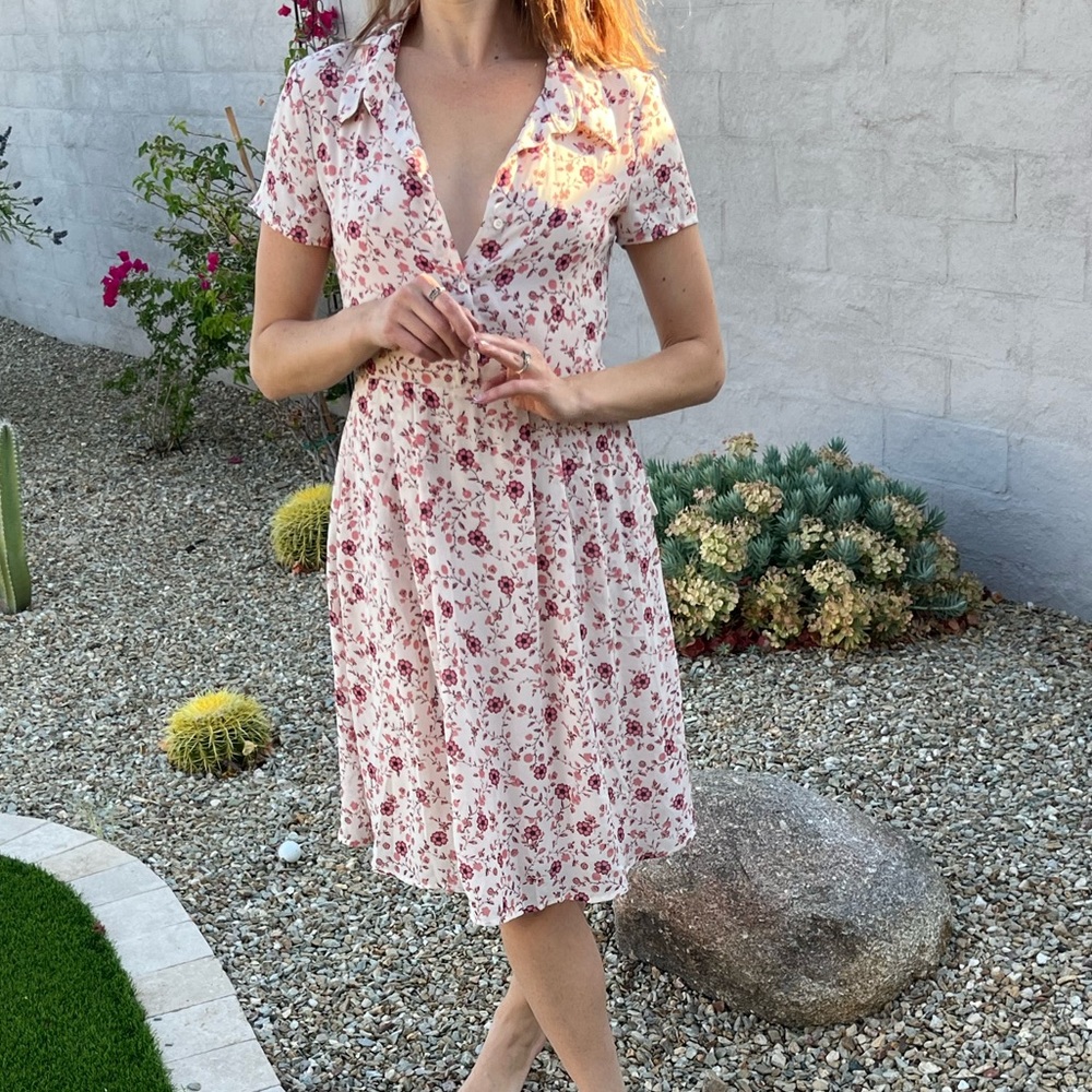 WAYF cream and pink floral shirt sleeve dress with button front sun dress - Picture 16 of 16